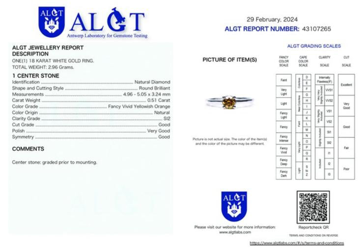 18 karaat Witgouden Ring met Natuurlijke Fancy Oranje Diamant β 0,51 ct