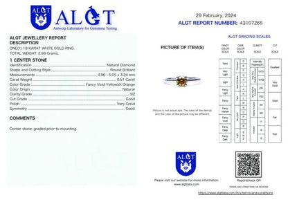 18 karaat Witgouden Ring met Natuurlijke Fancy Oranje Diamant – 0,51 ct